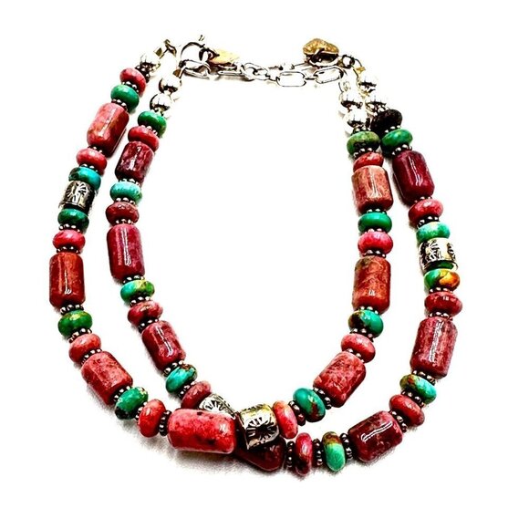 Carolyn Pollack Sterling Silver Two Strand Pink Green Gemstone 7.5" Bracelet